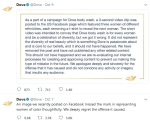 Doves tweets apologising